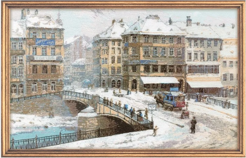 cs-2246 Cross Stitch Kit Snowfall Snow City in Winter Bridge Coach Carriage riolis