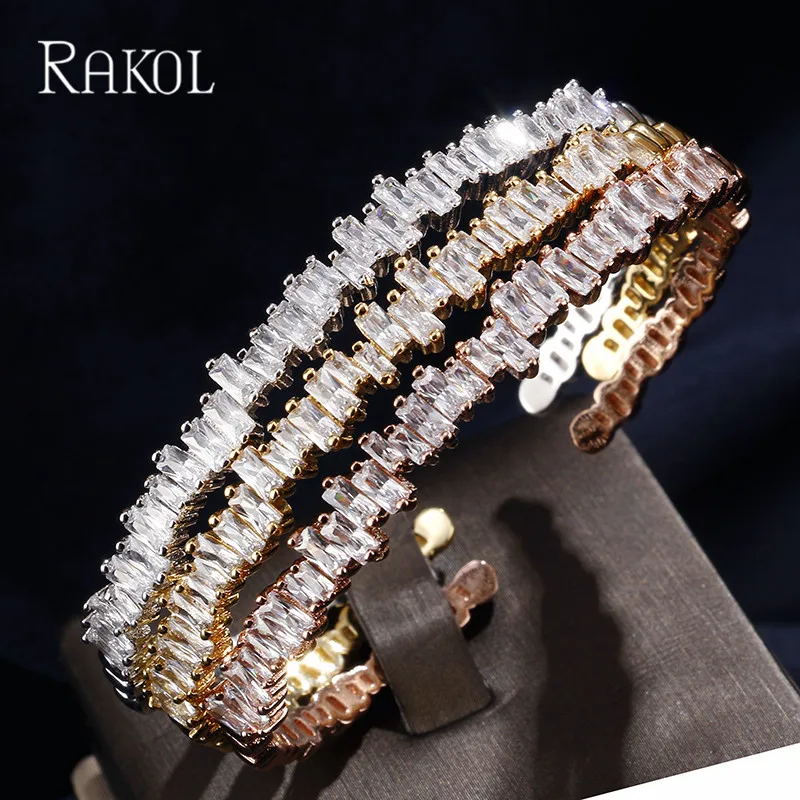 RAKOL AAA+ кубический цирконий багет Bijoux манжета Теннисный браслет и браслет с розовым золотом женские свадебные ювелирные изделия