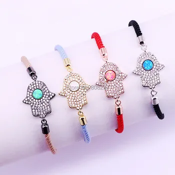 

6PCS CZ Micro Pave Zirconia Hamsa Hand Connector Bracelet With 10'' Adjustable Cotton Rope Chain