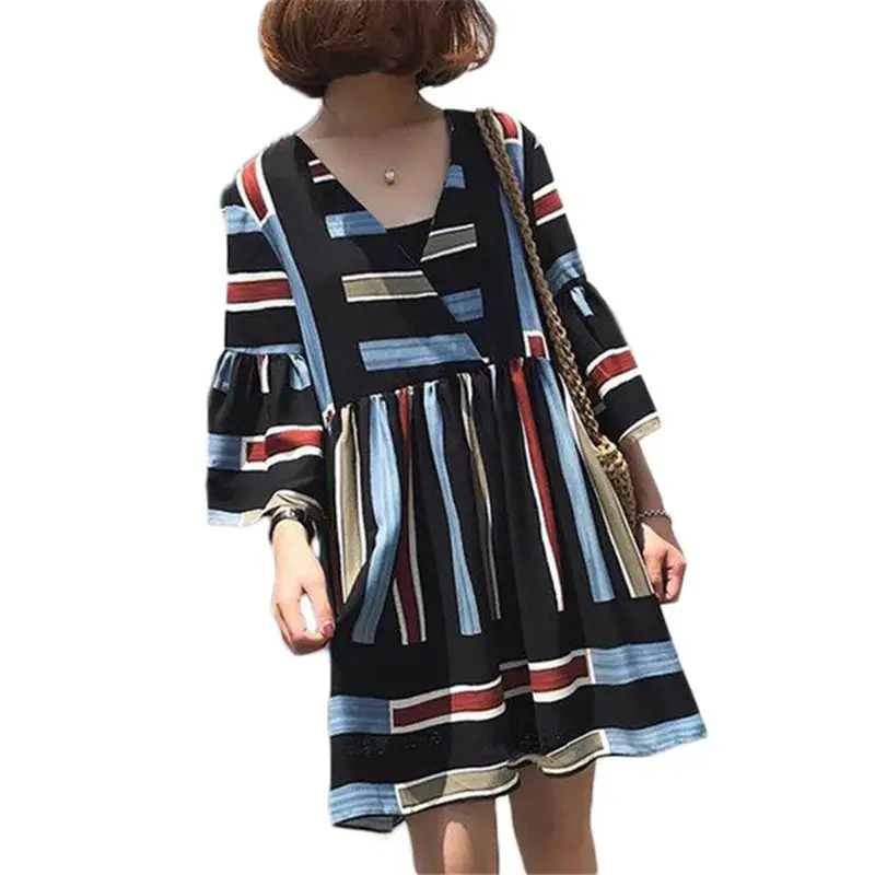 

XL- 4XL Summer Women Dress Extra Large Size 2019 Retro V-neck Short Sleeve Loose Beach Casual Print Striped Boho Mini Dress f714