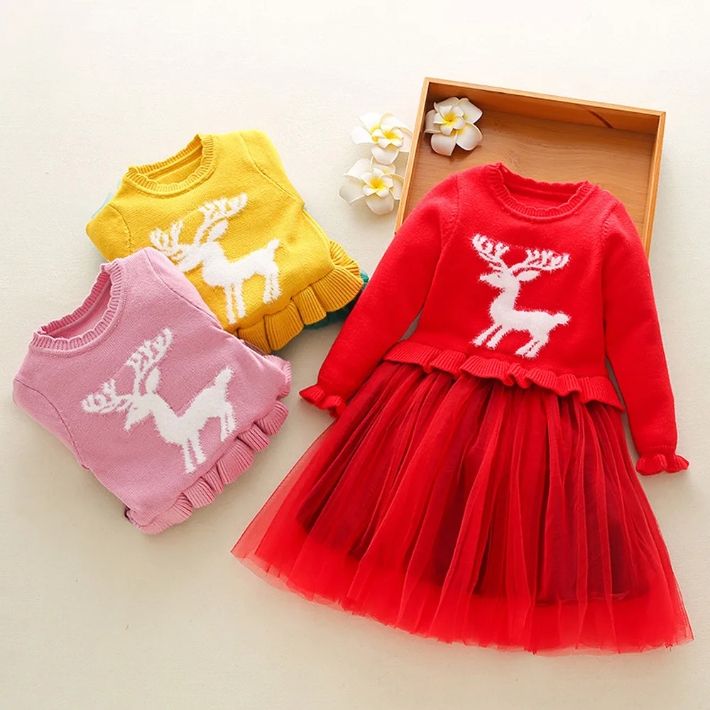 Christmas Baby Girls Long Sleeve Knitting Dress Elk Baby Winter Dress Baby Princess Tutu Dresses 3-11 Years Girls Clothes CA380