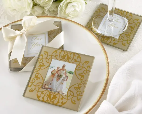 Golden Brocade Elegant Glass Photo Coasters Wedding Party Favors Stuff Supplies Two Pcs Per Set gifts Bridal Baby shower | Дом и сад