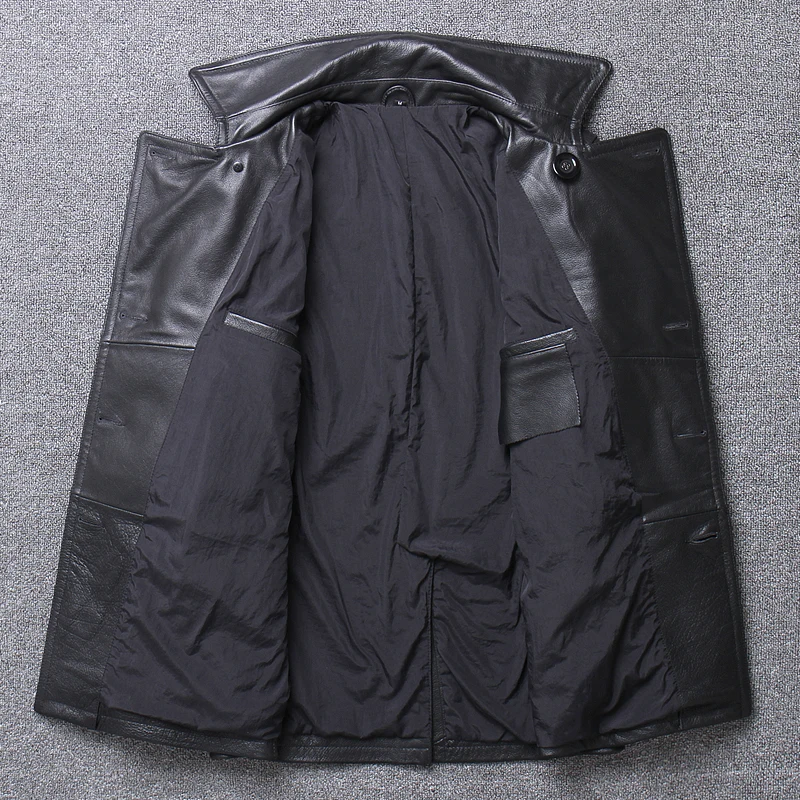 Flash Deal Mens Genuine Leather Jackets and Coats Real Cow Cowhide Luxury Trench Style Double Breasted Autumn Winter Outerwear Overcoat Men 4