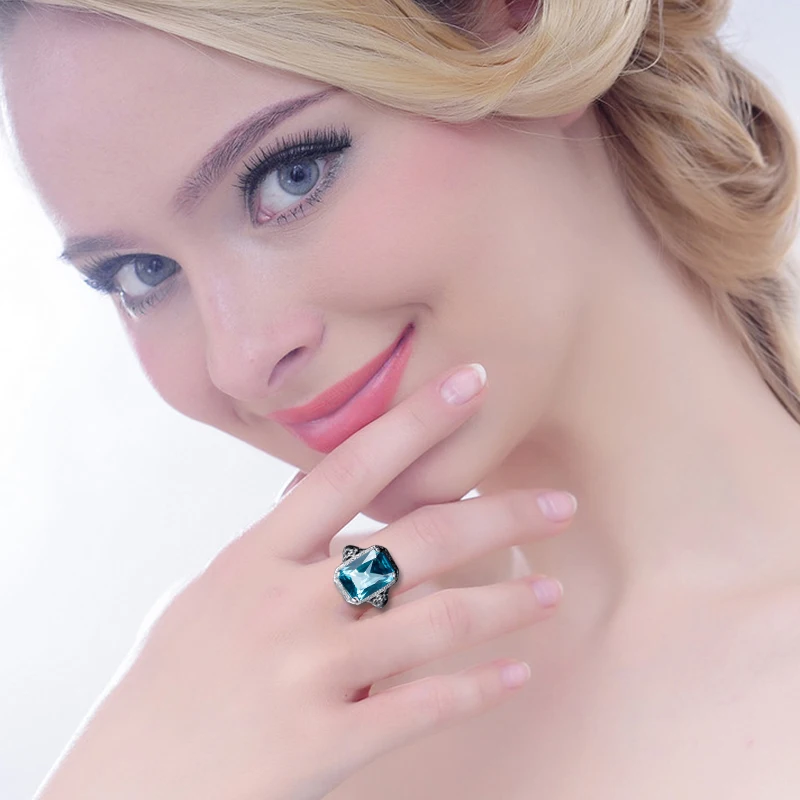 Szjinao Korean Wedding Ring Aquamarine Birthstone Promise Square Design 925 Sterling Silver Jewelry Simple Rings for Girls
