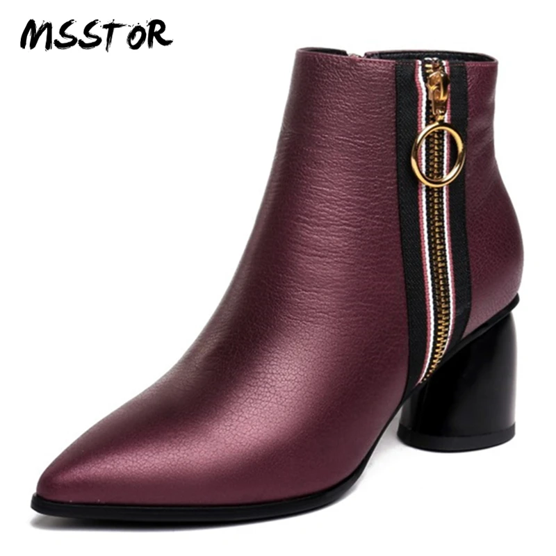 

MSSTOR Metal Decoration Women Winter Shoes Plush Thick Heels Plus Size Mixed Colors High Boots Pointed Toe Womens Ankle Boots