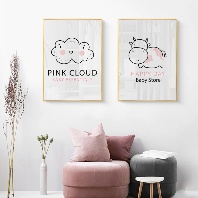 Nordic Nursery Wall Art Lion Moon Cow Giraffe Canvas Painting Wall Decor Posters and Prints Kids Bedroom Decoration