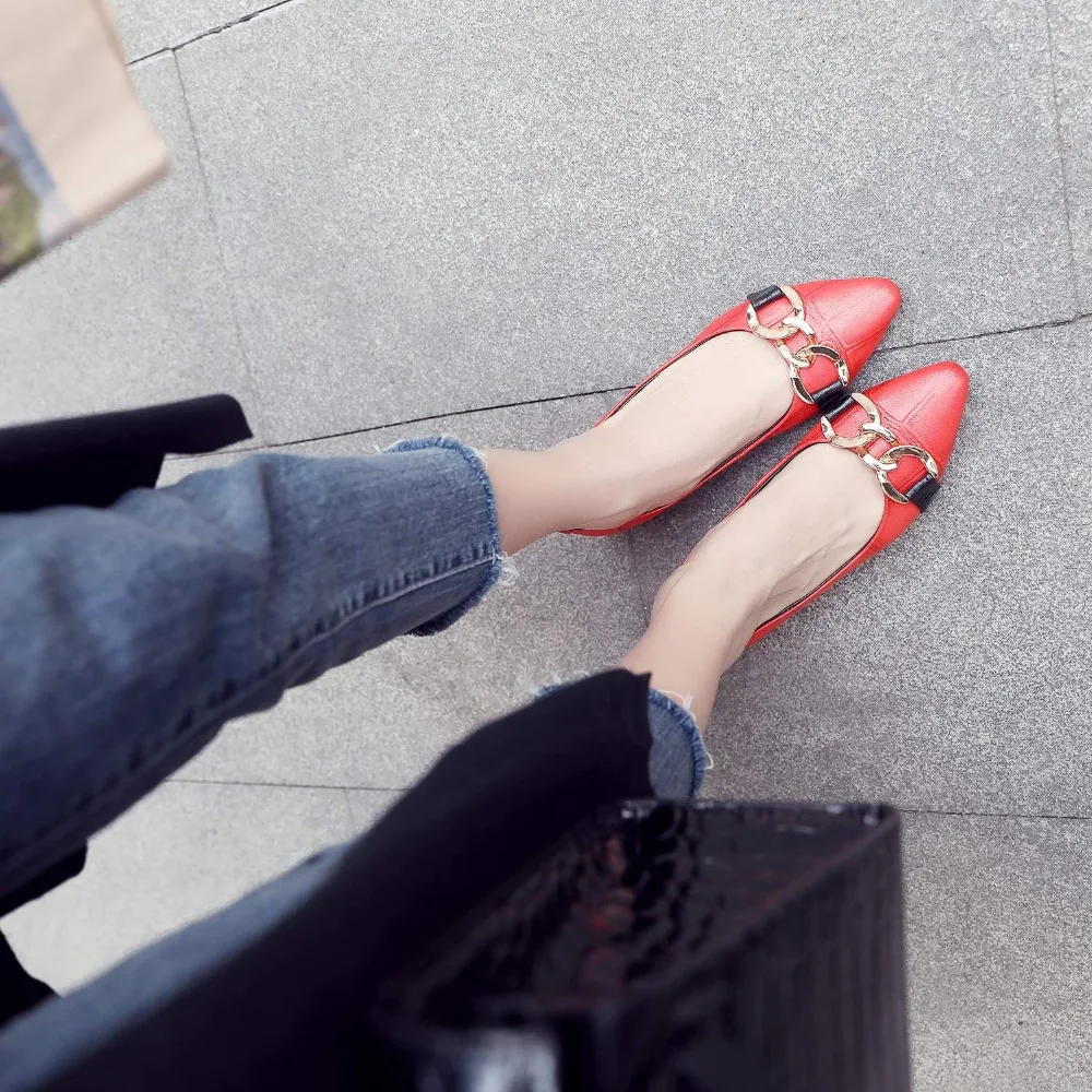 fashion cow leather concise shallow women pumps pointed toe elegant low heels slip on metal mature office lady shoes L8f1