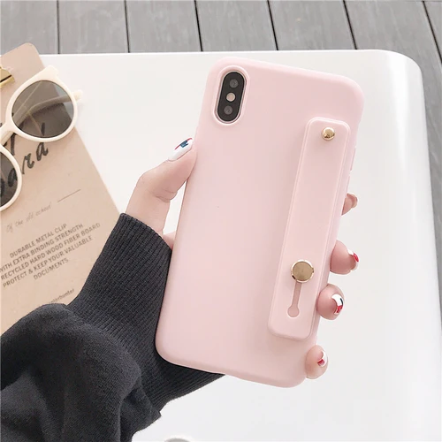 Simple Matte Candy Wrist Strap Hand Band silicone case for iPhone 6 6s 7 8 Plus X Xr Xs Max Back Phone Stand Ring Protect Cover - Цвет: Light Pink