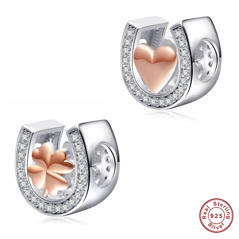 

Authentic 925 Sterling Silver Horseshoe Shape Beads Rose Gold Shamrock&Gold Heart&Lucky Star Charm fit European DIY Bracelet