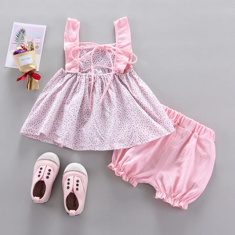 

2019 New Baby Girl Clothes Summer Cute Sweet Dot Printed Bow-knoted All-match Sleeveless Tops Short Pants Set Baby Girl 2pcs