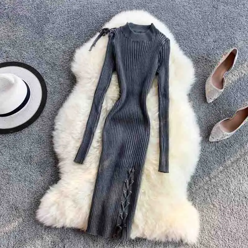 Для женщин Bodycon платье Винтаж Твердые эластичность свитер Knitt платье с длинным рукавом и крестиком повязку сексуальные платья с пышной юбкой Vestidos - Цвет: Серый