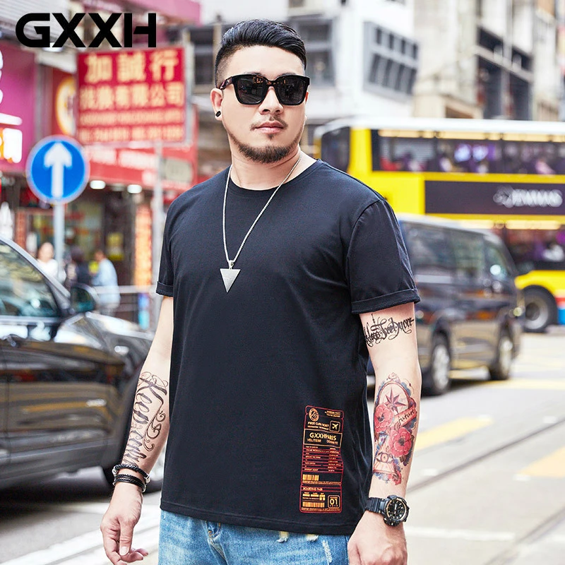 

GXXH Cotton Large Size T-shirt Male Short-sleeved Back Letter Print Tee Loose Casual Big Size Men's Oversize Male T-shirt Summer