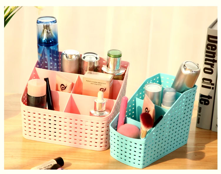 Four Five Checks Plastic Rattan Plaited Desk Organizer Cosmetics Makeup Storage Holder for Office Desk Phone Remoter