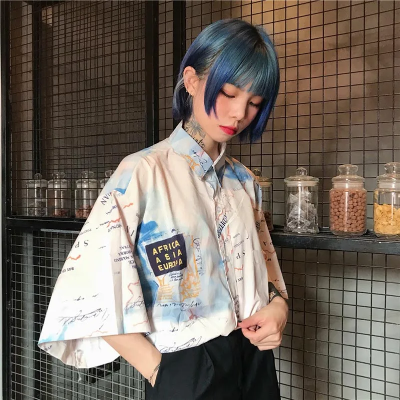 NiceMix Summer Harajuku Blouse Short Sleeve Womens Shirt Digtal Print Map Tops And Blouses Casual Blusas Camisas Mujer 2019 - 32972289702