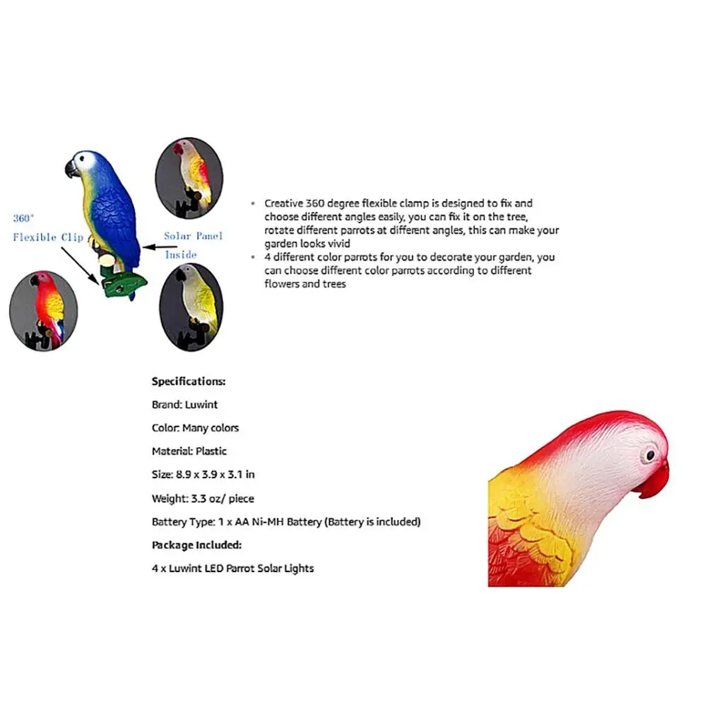 SOL светодиодный 4 шт. на солнечных батареях Милый Попугай Птица светодиодный светильник с гибким зажимом использовать для двора наружного украшения