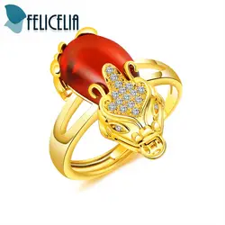 Felicelia классический Pi Xiu дизайн Красный кубический цирконий кристалл кольцо для женщин девочек золотой тон Удачи символ обручальное кольцо