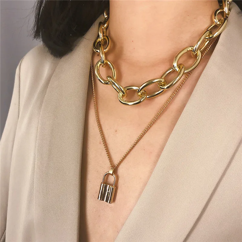 Vintage Chunky Silver Gold Lock Necklace For Women Layered Big Chains PadLock Necklace Long ...