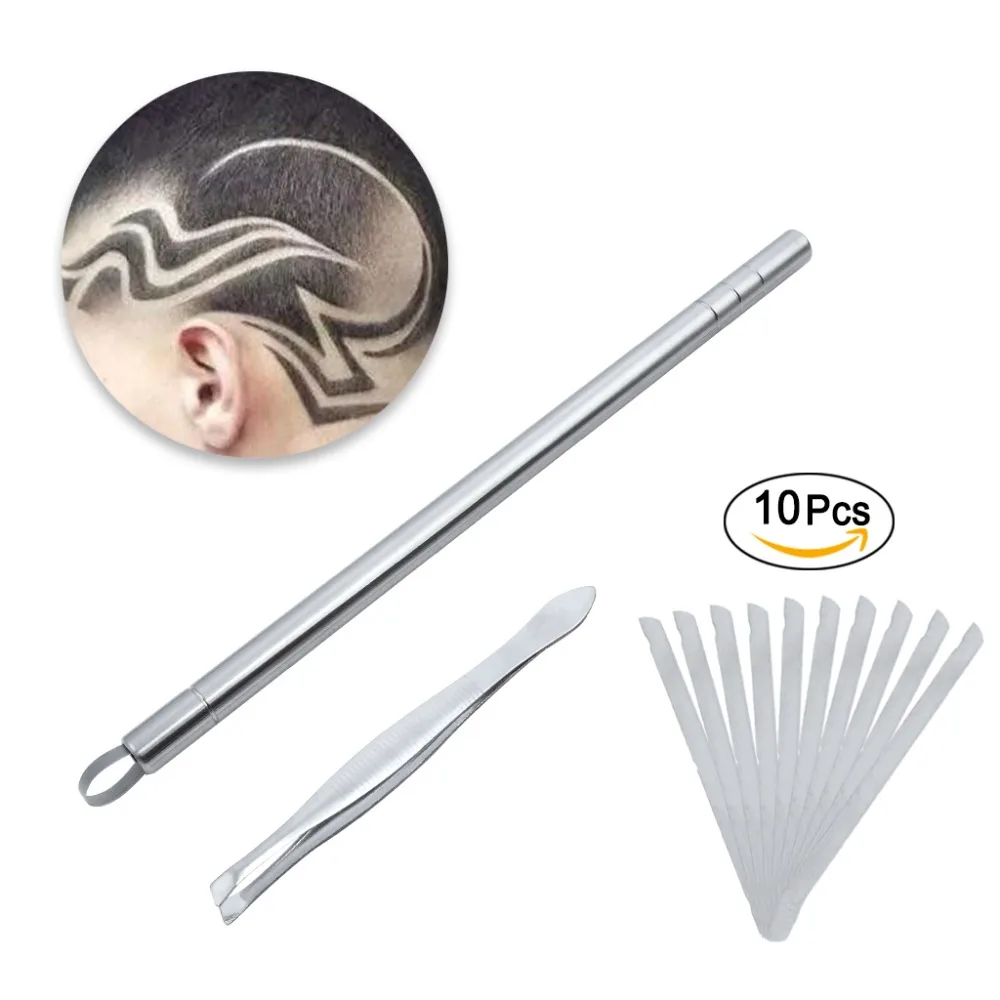 Hairstyle Design Pen Razor Hair Tattoo Trim Mustache Face Eyebrow Styling Stainless Steel Razor Pen + Tweezers + 10 blades for Men Women (1)