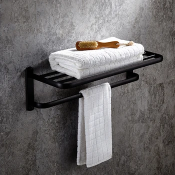 

Behogar Foldable Double Layer Black Matte Space Aluminum Bath Towel Holder Rack Shelf for Bathroom Kitchen Office Black