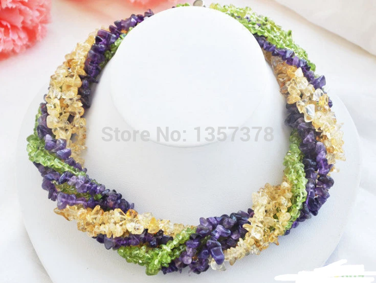 

FREE SHUPPING>>>@@> N842 9row 19" green lemon quartz citrine amethyst detritus necklace