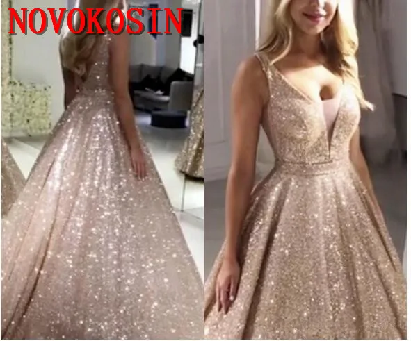 

Sparkly Gold Rose Prom Dresses V Neck Sequined Backless Evening Gowns Shiny Party Dress Special Occasion robes de soiree