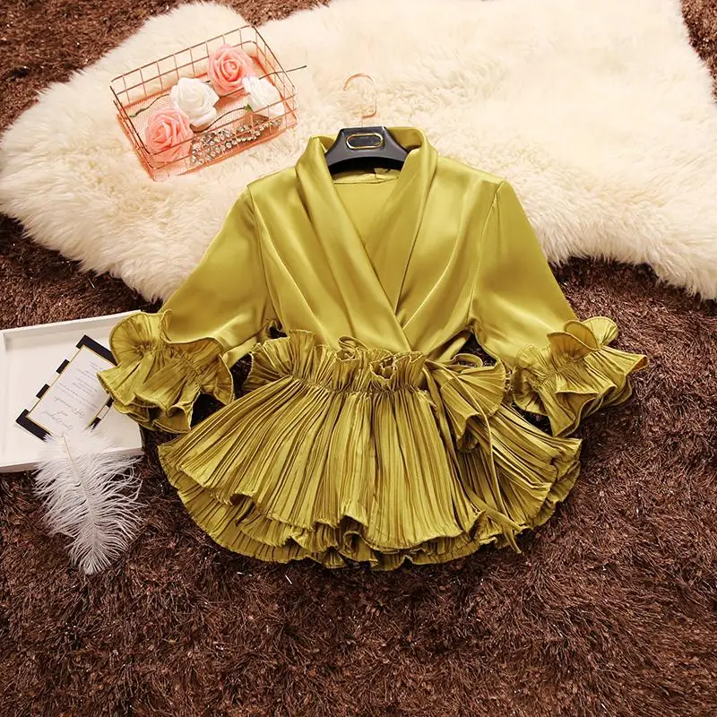 

2019 spring autumn new female Deep V-neck ruffles lace up chiffon shirt women's three Quarter sleeve shirts women blouses tops