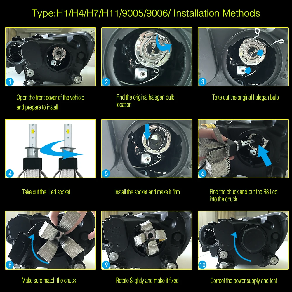 2 X H1 светодиодный фары лампы 30 Вт 4800LM 9 V-36 V IP68 Водонепроницаемый 3000 K 4300 K 6000 K три Цвета медный пояс 360 градусов лучевой для T9