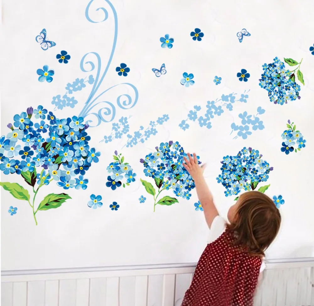 

Home garden decoration blue Hydrangea flower wall stickers bedroom idyllic flower butterfly vinyl wallpaper decals on the wall
