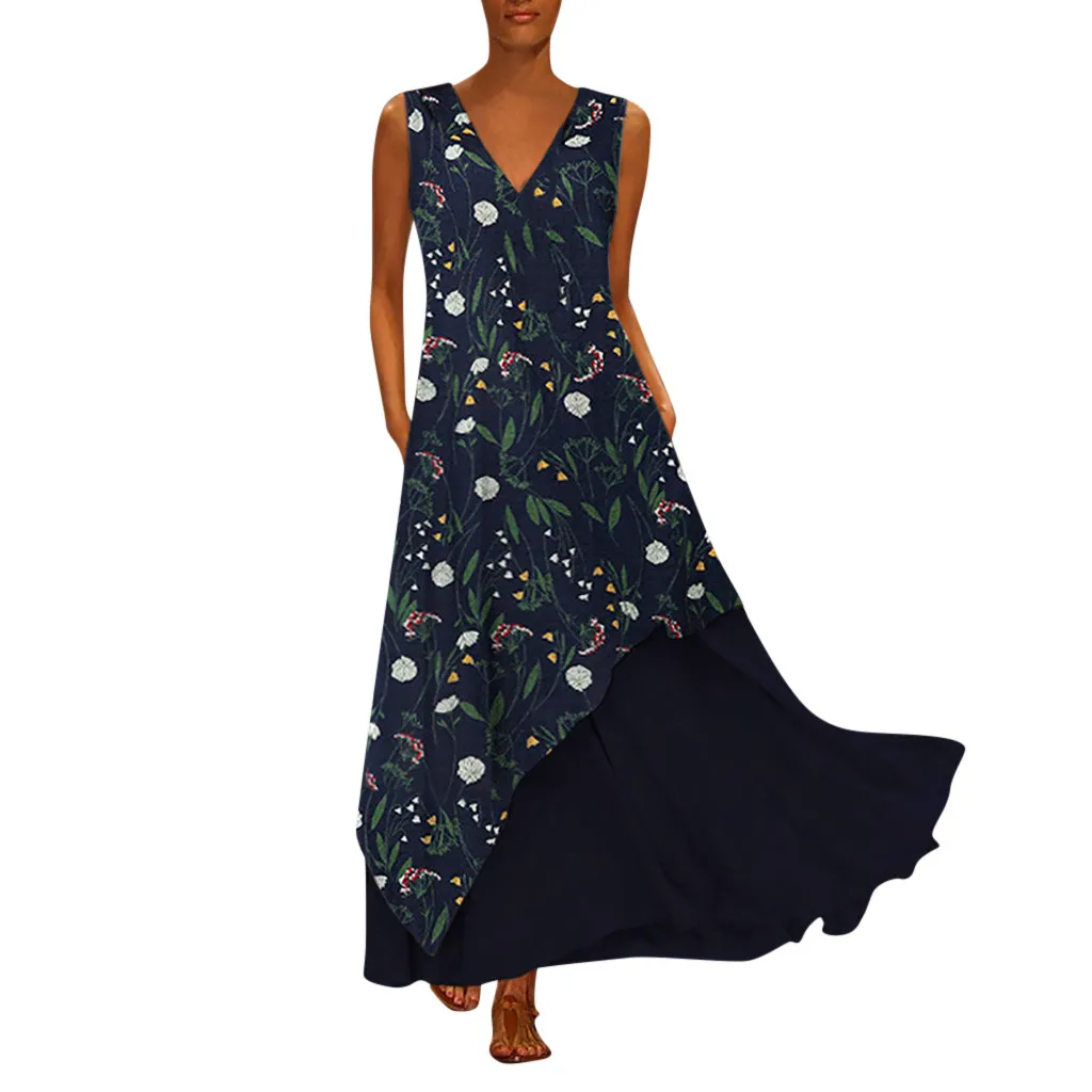 

2019 Summer Bohemian Plus Size Women Vintage V Neck Splicing Floral Printed Sexy Sleeveless Beach Style Maxi Dress #B