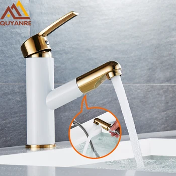 

Quyanre Basin Faucet White Painting Golden Basin Sink Faucets Pull Out Spout Single Handle Mixer Tap Deck Mounted