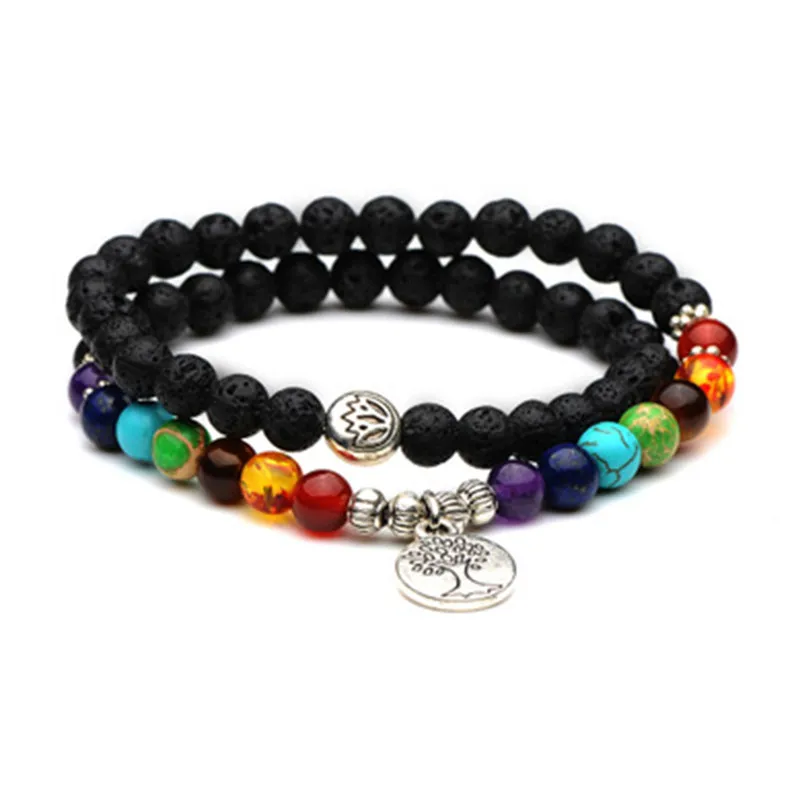 

Seven Chakra Bracelets Tree Life Pendent Alloy 6mm Natural Stone Beaded Lenght 35cm Double Loop Women Colorful Lava Bracelet