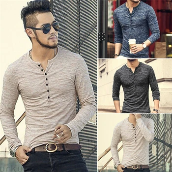 

Fashion Men Casual Long Sleeve shirt Muscle Slim Cotton Blend Top V-Neck Blouse HOT