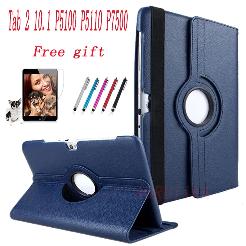 

Screen film+pen+360 Degree Rotating PU Leather Cover For Samsung Tab 2 10.1 GT P5100 P5110 P5113 P7500 P7510 Tablet Case capa