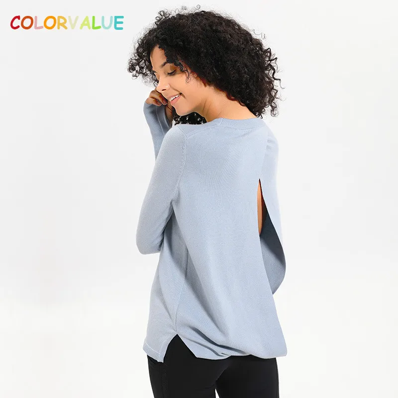 

Colorvalue Loose Fit Wool+Acrylic Sport Pullover Women Back Open Fitness Workout Shirts Long Sleeve Gym Jogger Jersey Activewear