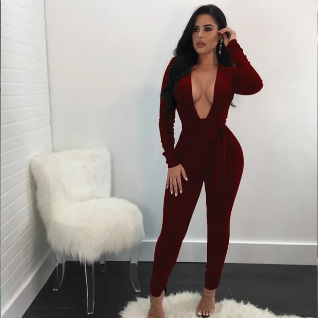 Sexy Bodycon Jumpsuit 2019 Romper Long Sleeve Bodysuit Women Deep V-Neck bow Jumpsuit Elegant
