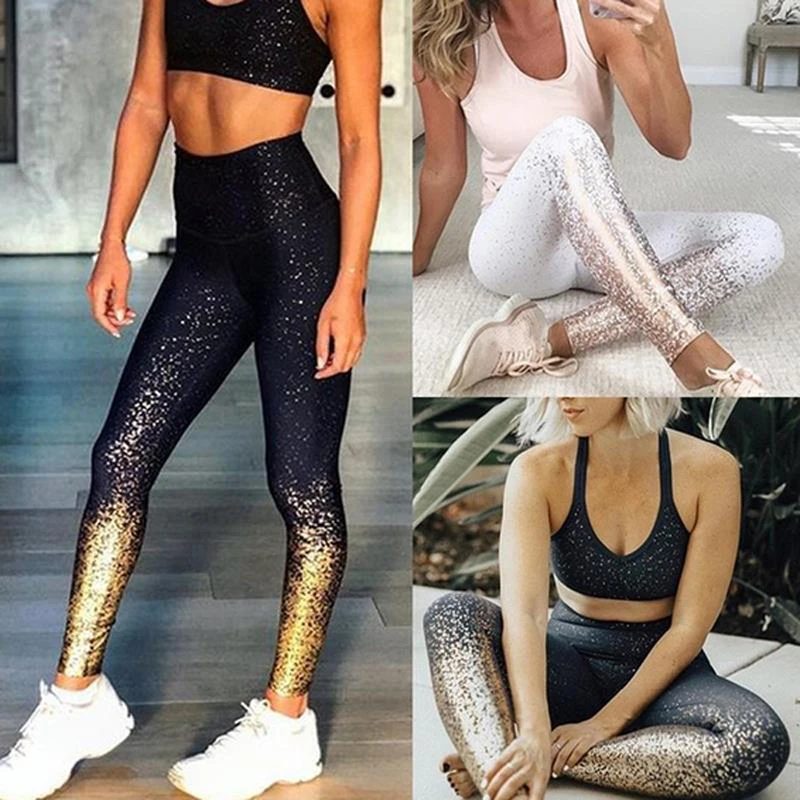 

HEFLASHOR High Waist Pants Women Running Fitness Gym Sports Leggings Glitter Trouser Stretchy Compression Sportwear New Arrival