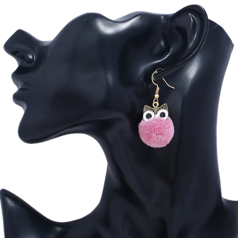 New 4 Colors Little Cute Hair Bulb Pompom cartoon Earrings fur ball Owl Earring