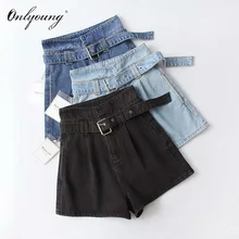 Onlyoung летние женские джинсовые шорты с высокой талией винтажные хлопковые шорты с поясом синие черные сексуальные женские джинсовые шорты