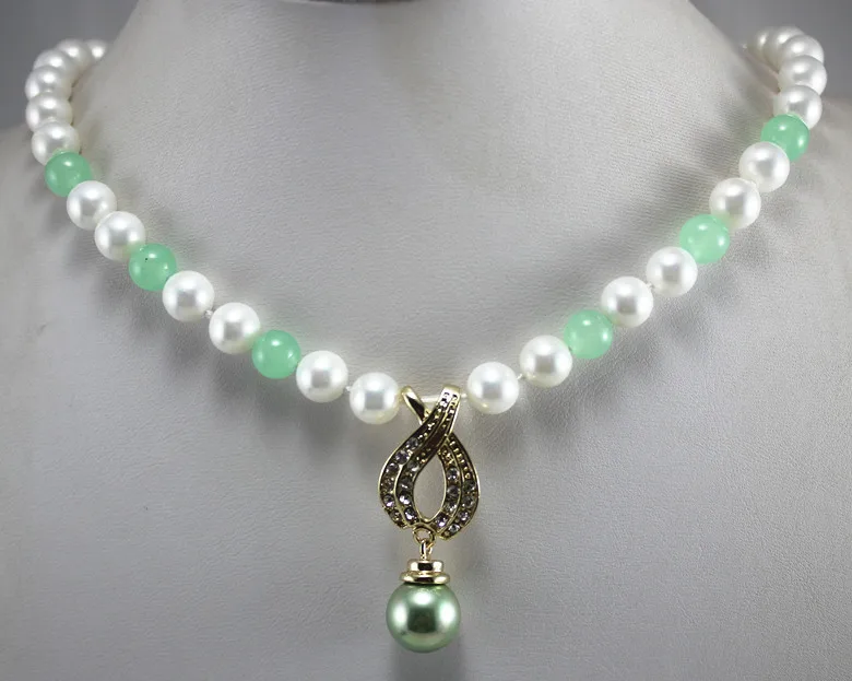 

new arrive design Noblest 7-8mm white freshwater pearl mixed green jade +14mm pearl bead pendant Jewelry fashion jewellery