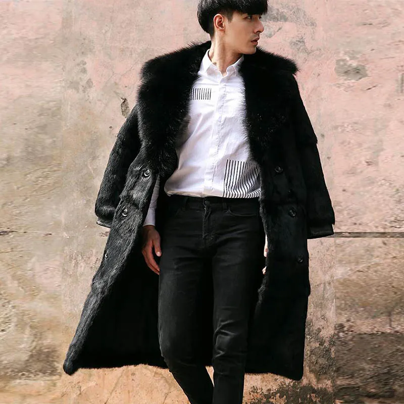 FURSARCAR Новая Черная 100 см длинная модная Натуральная куртка с мехом кролика рекс с воротником из лисьего меха для мужчин толстое теплое пальто