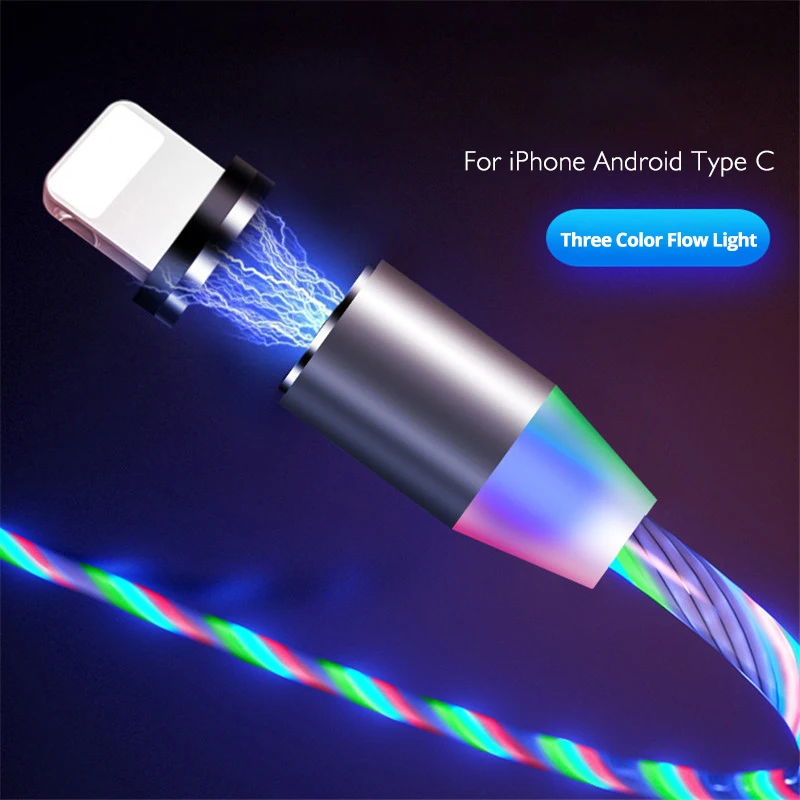 

1M LED Glow Flowing Magnetic Data USB Charger Type C/Micro USB Charging Cable For iPhone For Samsung Huawei Charge Wire Cord