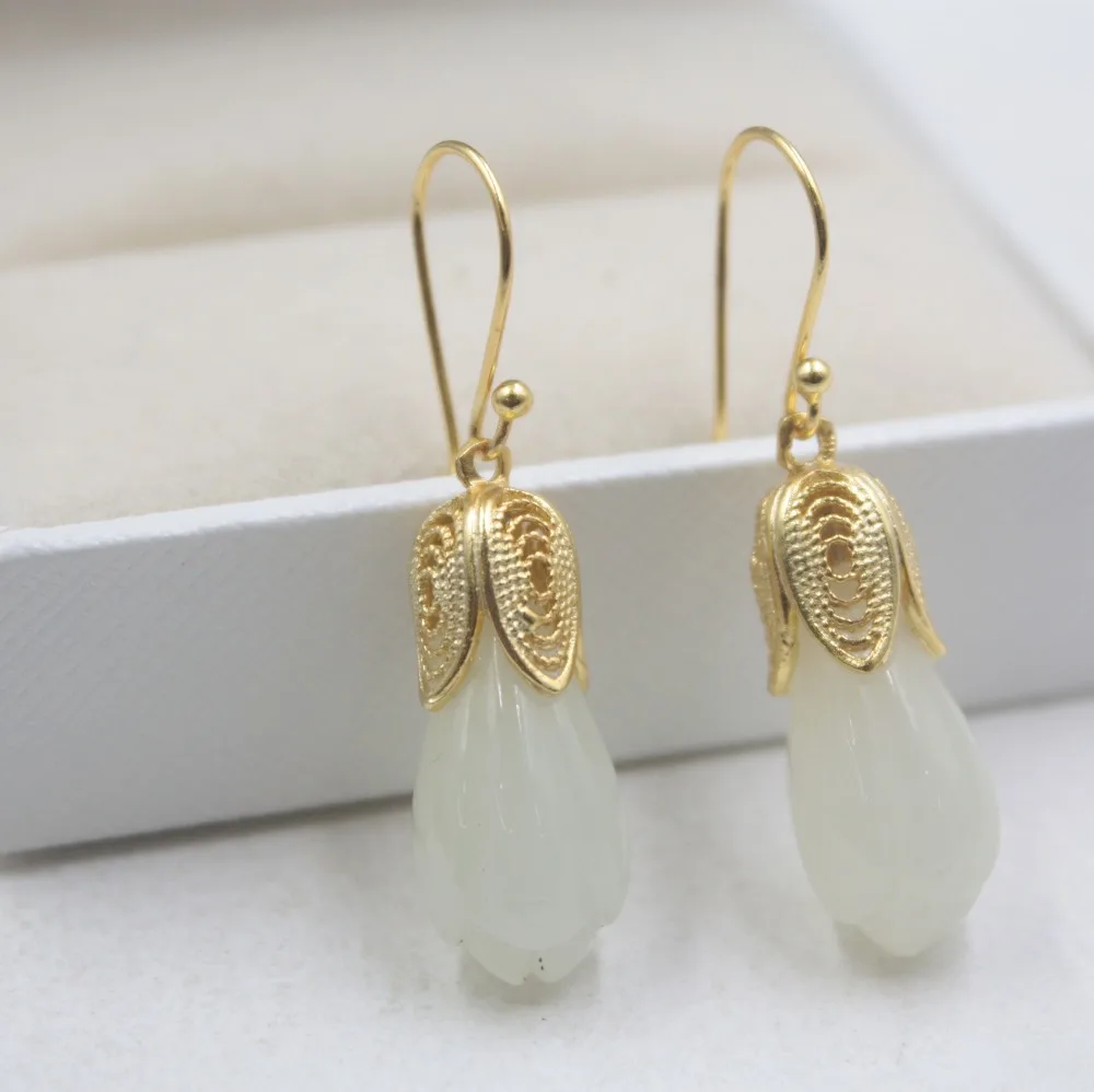 

New Pure S925 Silver & Hetian Jade Earrings Yellow Gold Flower For Women Gift 35*12mm