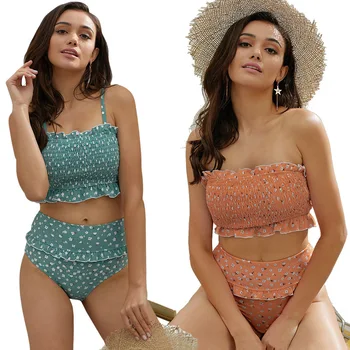 

2019 New Two Pieces Bikini Set High Waist Bottom with Bandeau Bra Swimwear Women Swimsuit Biquini Cintura Alta Bathing Suit
