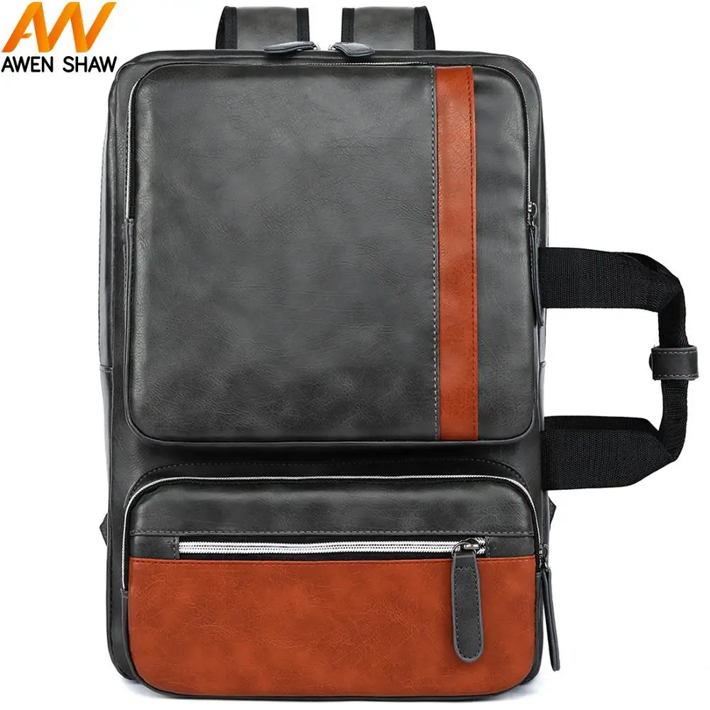 

Awen Shaw Multi-functional Simple Patchwork Business Men Leather Backpack Casual Laptop Backpack Bag Stylish School Bookbag