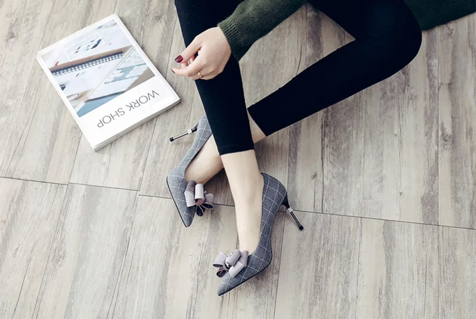 3 дюймовый леди мода офис Тонкая металлическая пятка серый новый насосы Указательный палец дизайнер обувь высокие каблуки элегантный