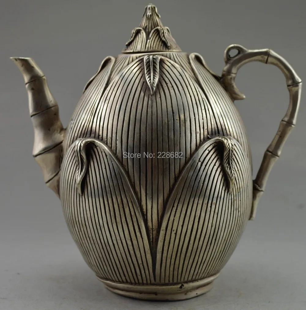 

Collectible Decorated Old Handwork Tibet Silver Carved Big Maize Teapot Statue Free Shipping