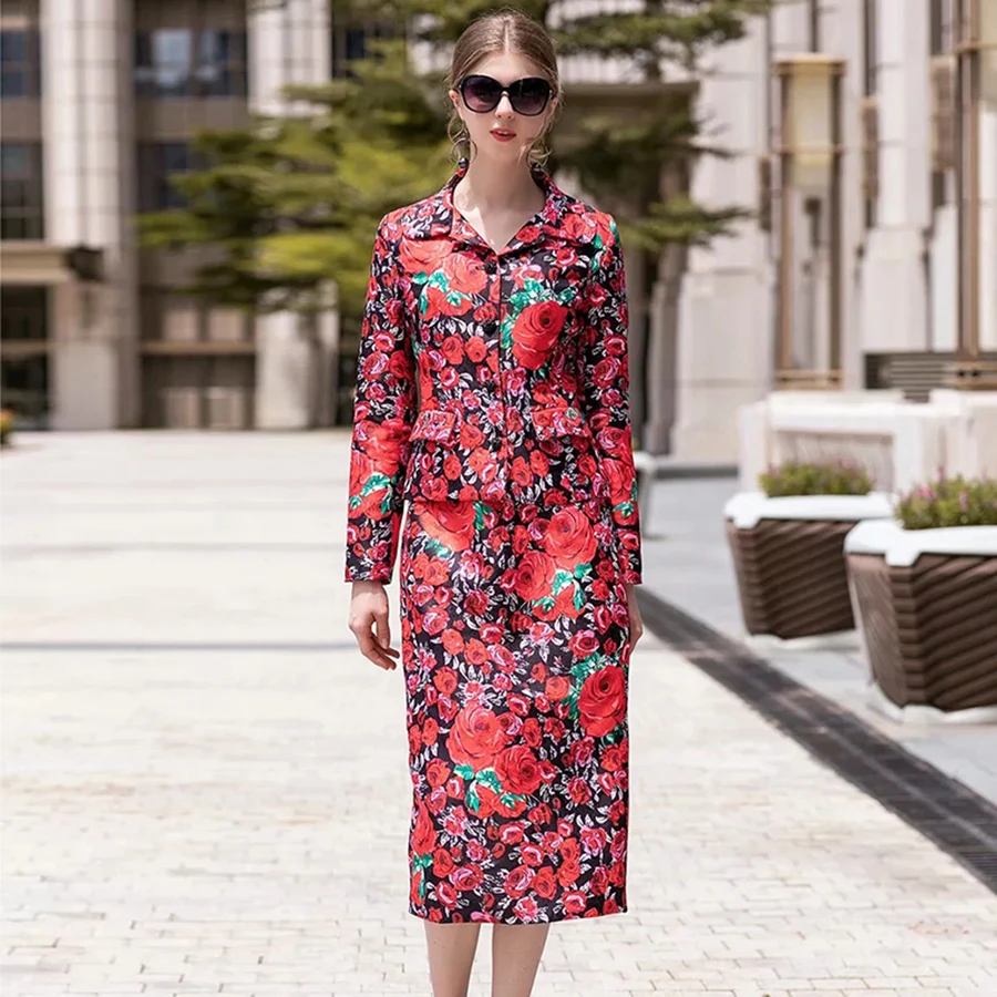 

VERDEJULIAY Women Skirt Sets 2020 Summer Long Sleeve Short Jacket + Midi Skirt Jacquard Red Rose Printed Skirt 2 piece sets