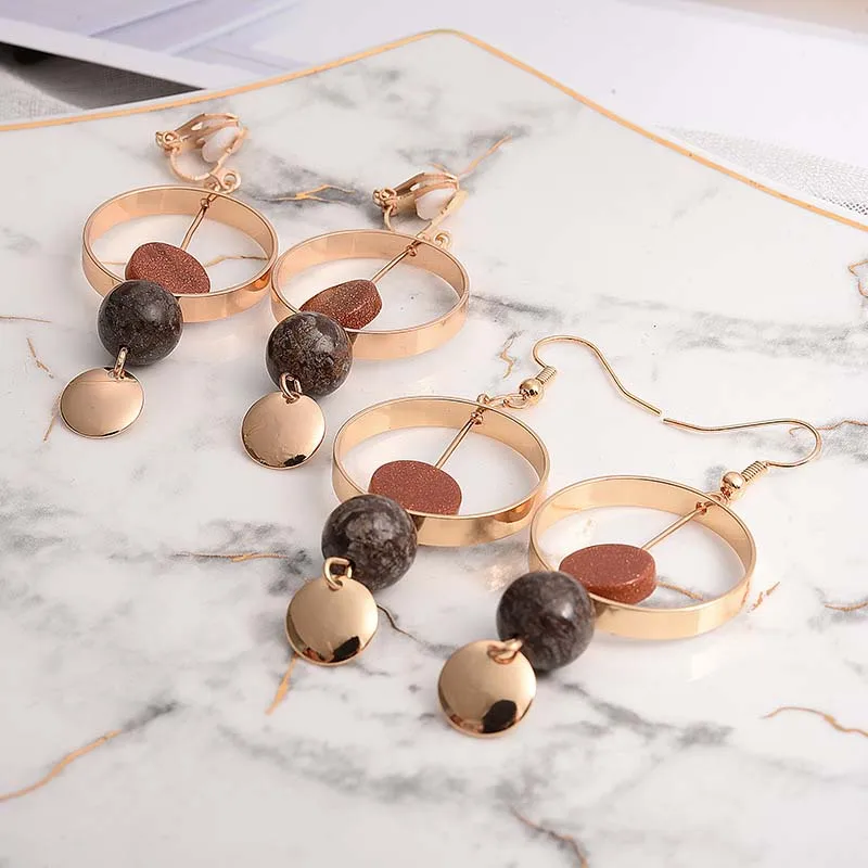 Модные золотые серьги клипсы большие круглые бусины Howllo из натурального камня с