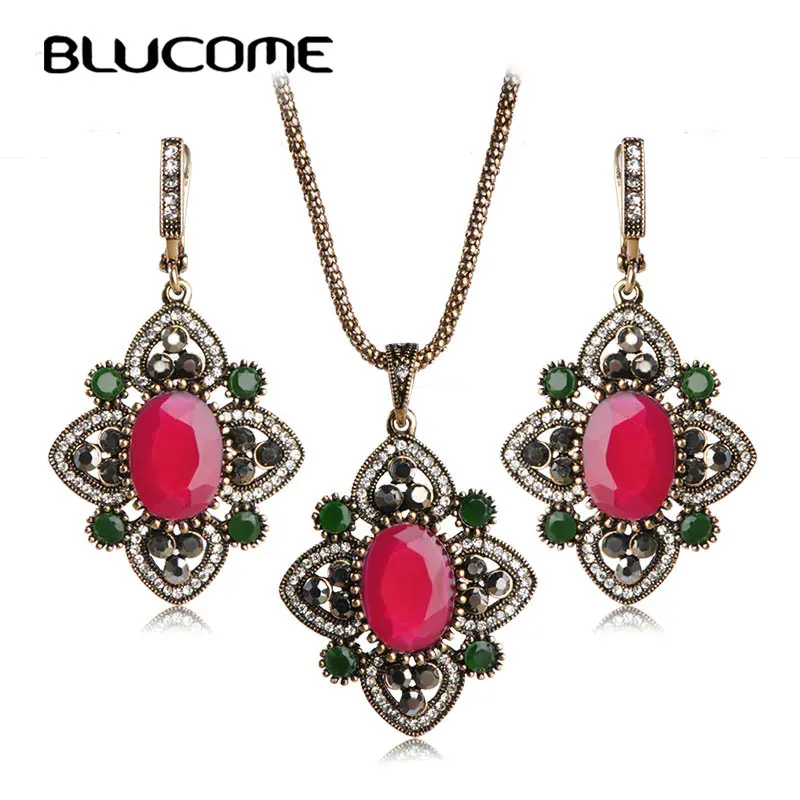 

Blucome Turkey Retro Style Flower Pendant Necklace Earrings Jewelry Set Women Wedding Dress Banquet Party Decoration Female Gift