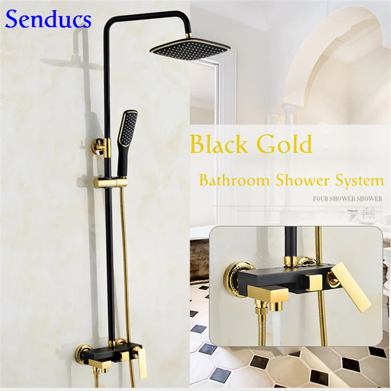 Senducs Black Gold Shower System For Luxury Bathroom Gold Shower Set With Quality Brass Bathroom